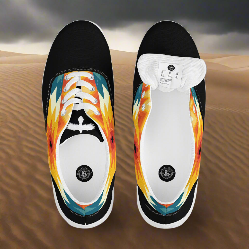 WildSage Market Southwest Lace-up Canvas Shoes with vibrant Southwestern flame pattern and black toe