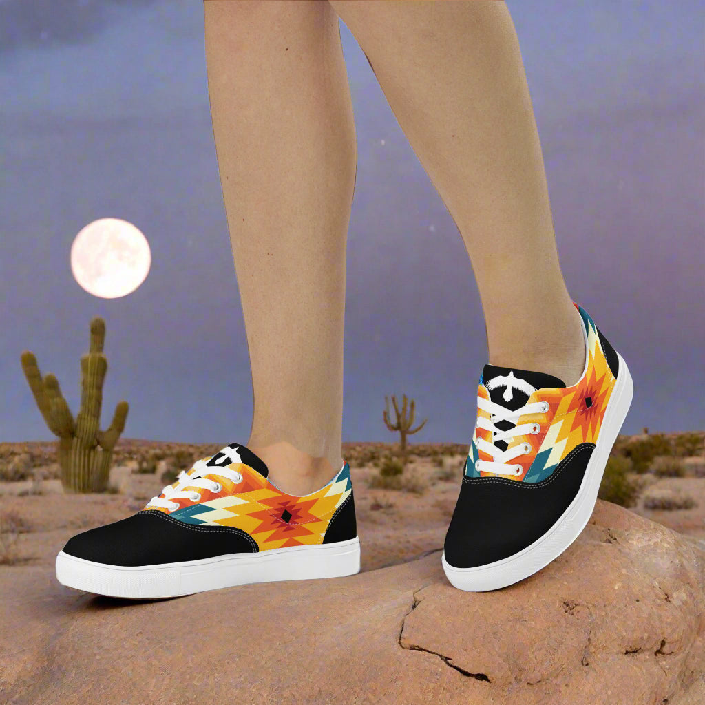 WildSage Market Southwest Lace-up Canvas Shoes black toe white sole colorful geometric desert print