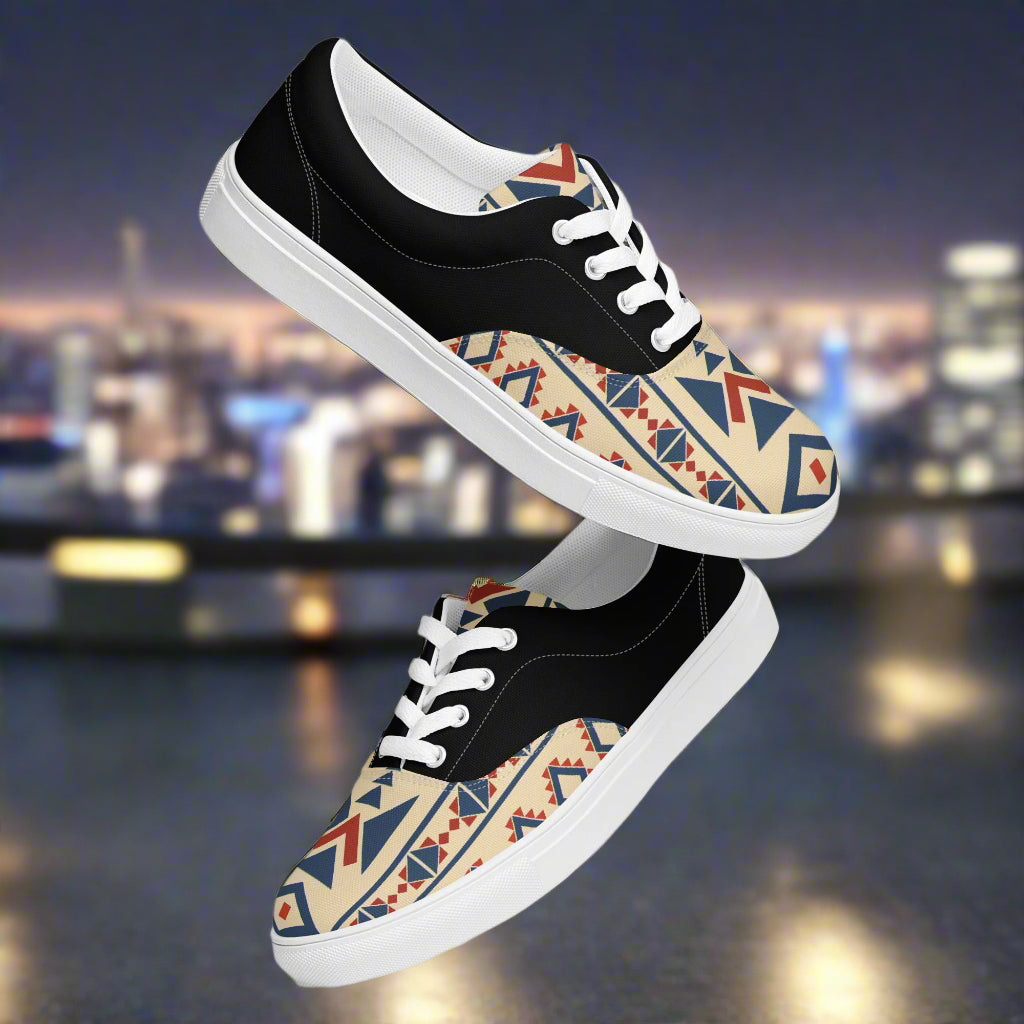 WildSage Market Southwest patterned Lace-up Canvas Shoes with black trim and geometric desert print
