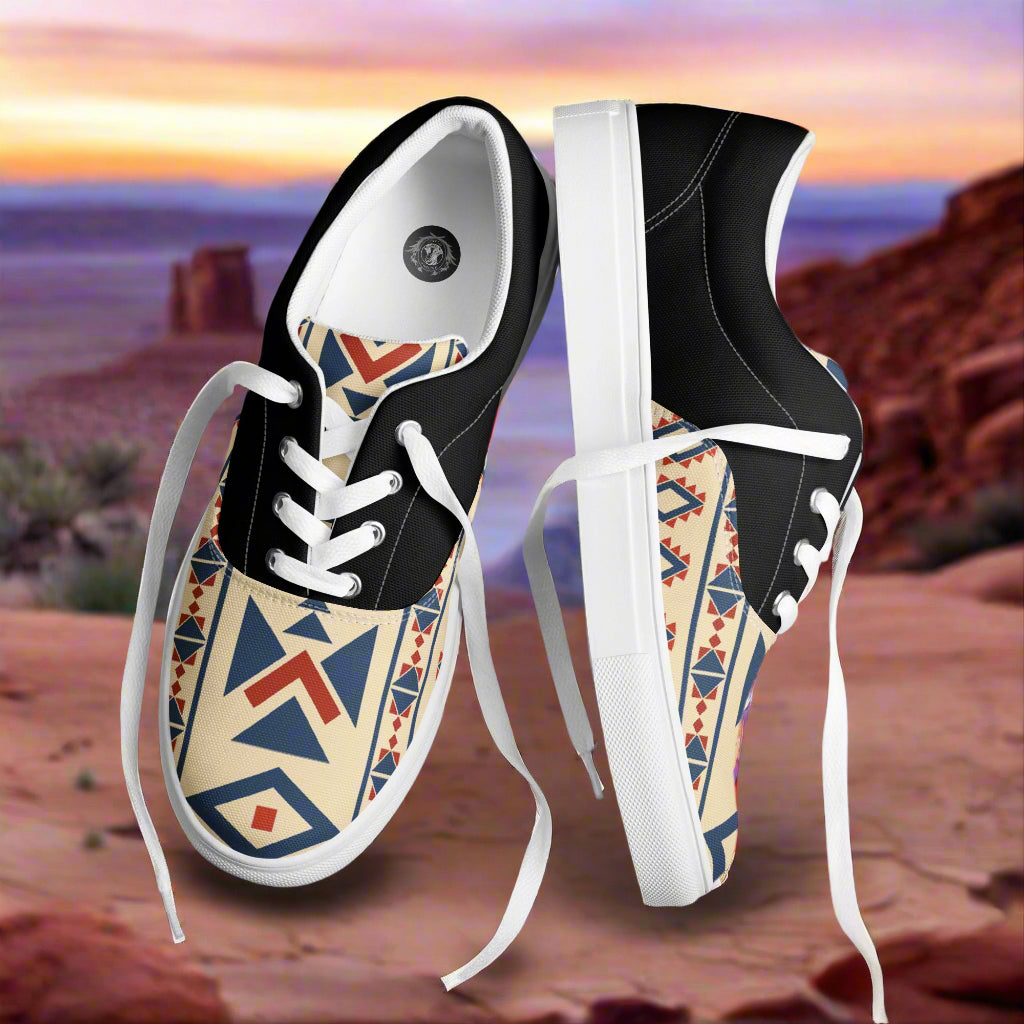 WildSage Market Southwest patterned Lace-up Canvas Shoes low top black canvas with geometric tribal print and white soles