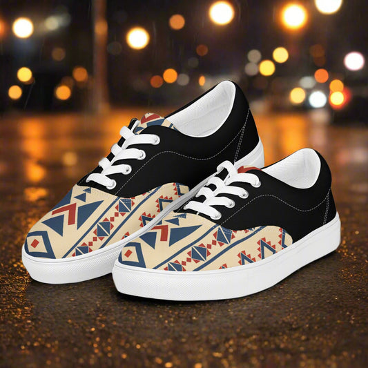 WildSage Market Southwest patterned Lace-up Canvas Shoes black and tan geometric print low top lace up sneakers