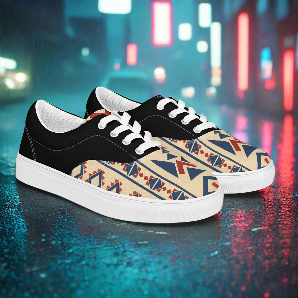 Southwest patterned Lace-up Canvas Shoes WildSage Market low top canvas sneakers with black heel and white sole