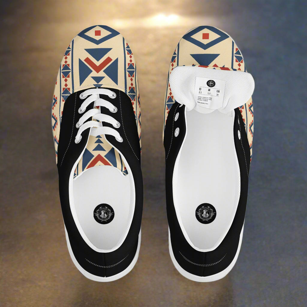 WildSage Market Southwest patterned Lace-up Canvas Shoes in black and tan with geometric tribal print and white laces