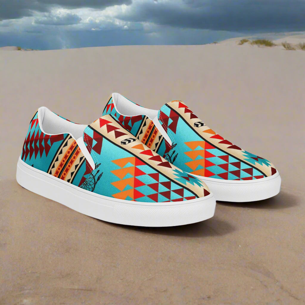 WildSage Market Southwest print slip on shoes Taos with vibrant geometric patterns and white soles