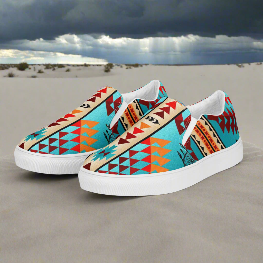Southwest print slip on shoes Taos by WildSage Market with vibrant geometric patterns and white soles