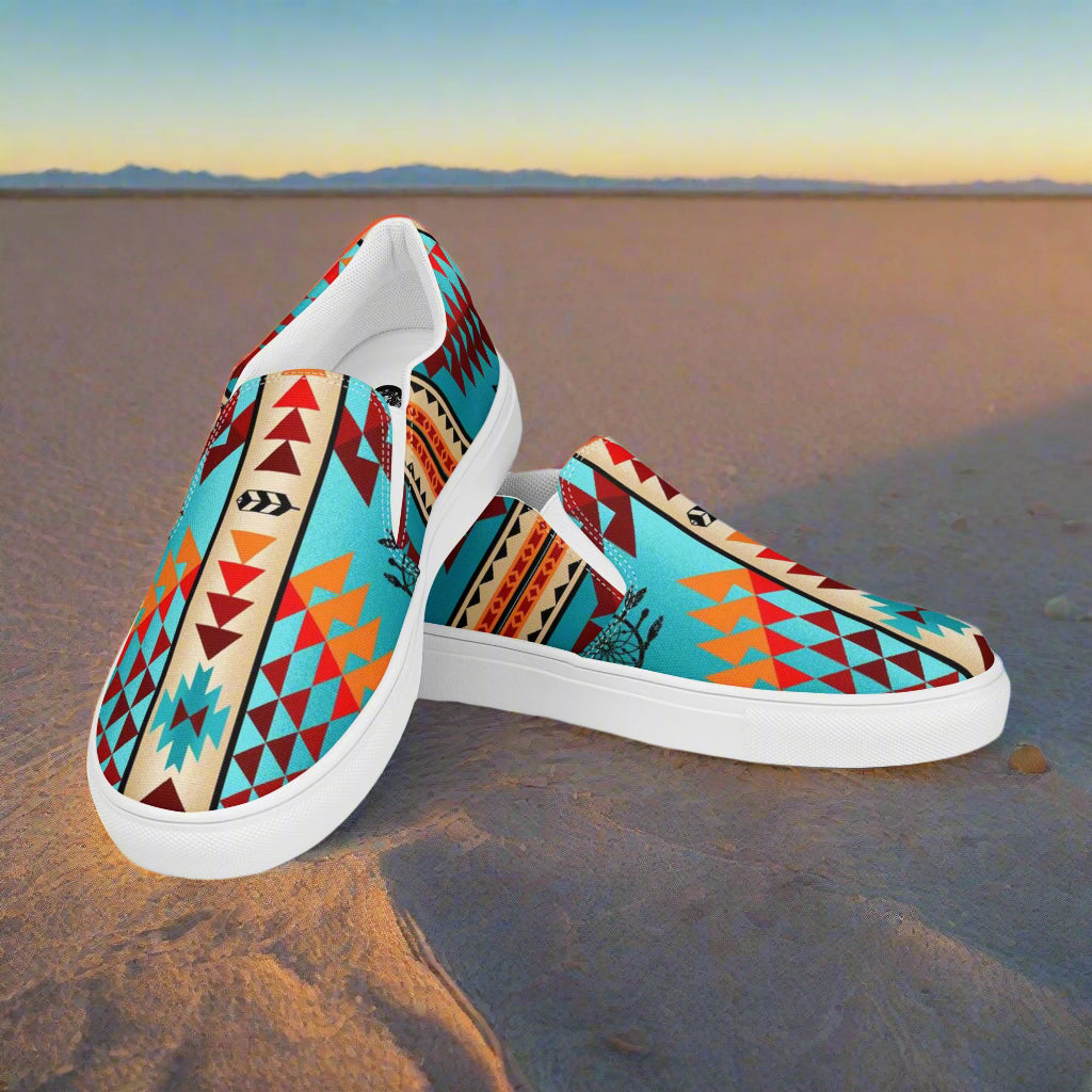 Southwest print slip on shoes Taos with vibrant turquoise and red geometric patterns by WildSage Market