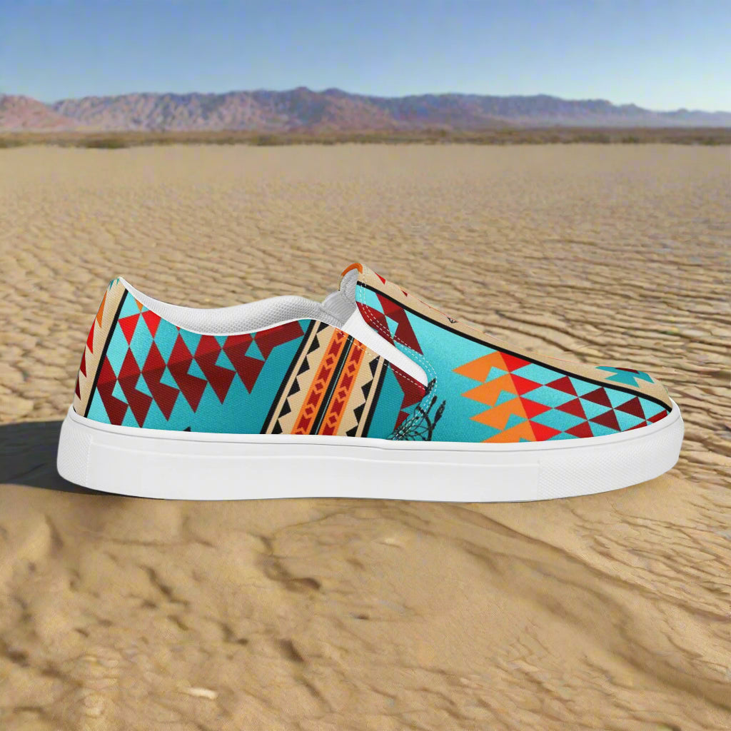 Southwest print slip on shoes Taos by WildSage Market with turquoise and red geometric design