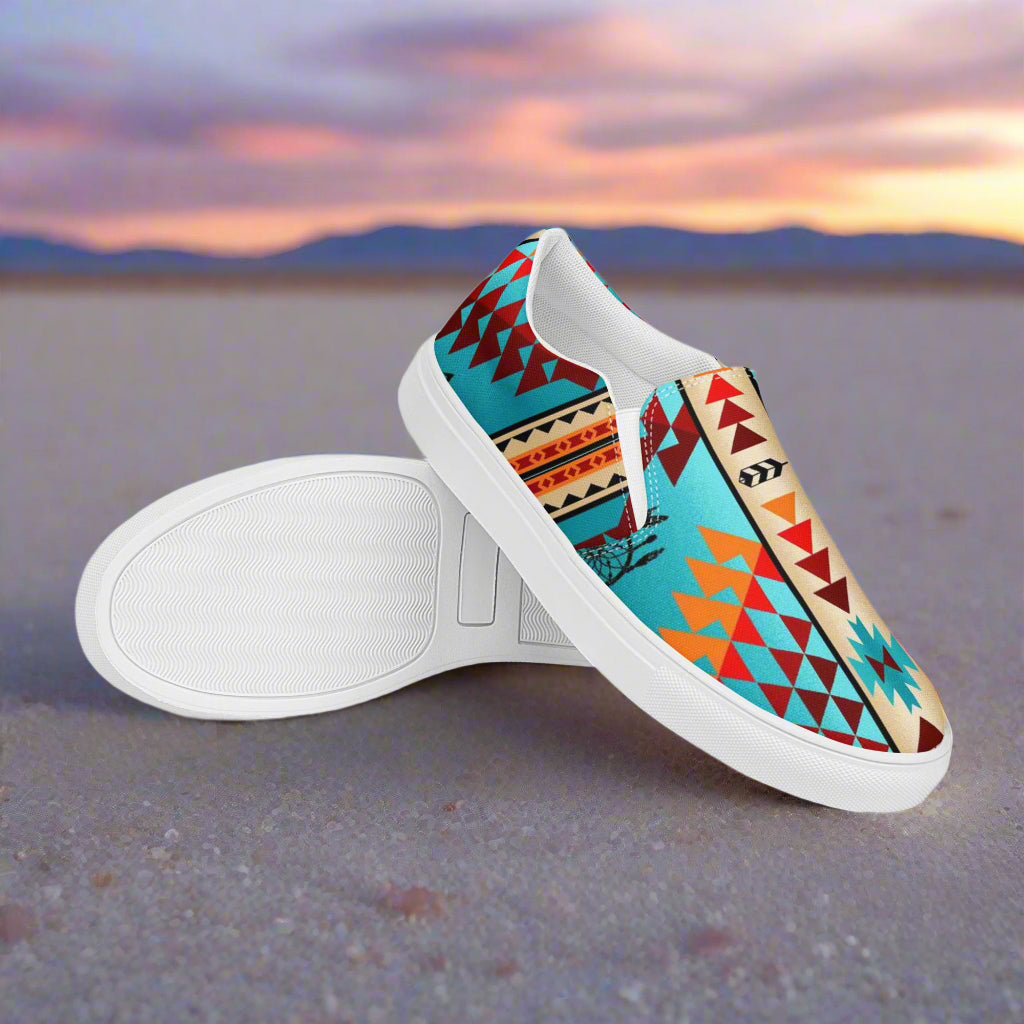Southwest print slip on shoes Taos with colorful geometric patterns and white soles by WildSage Market