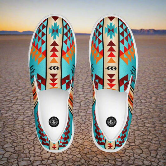 WildSage Market Southwest print slip on shoes Taos with vibrant geometric patterns on desert background