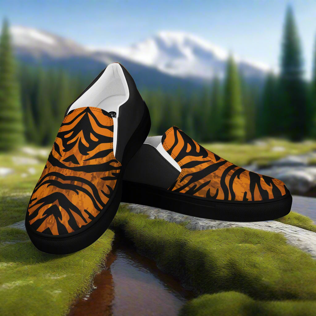 WildSage Market slip on shoes with tiger halftone orange and black stripes design