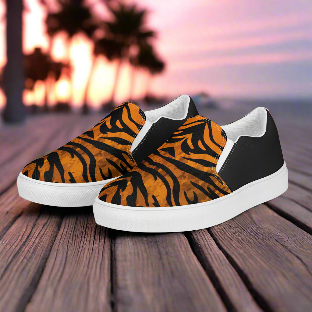 WildSage Market slip on shoes featuring tiger halftone pattern with black and white accents