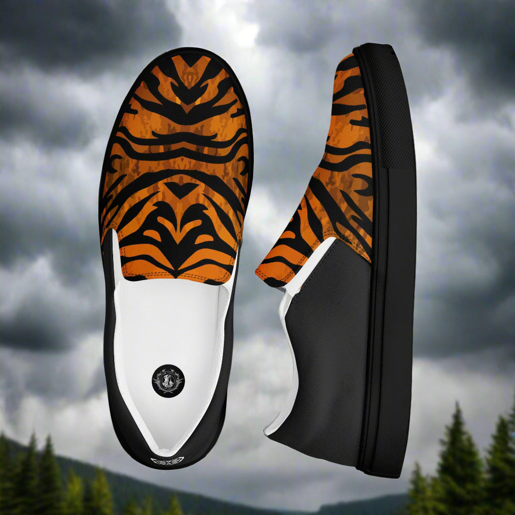 WildSage Market slip on shoes with tiger halftone pattern in black and orange with black soles