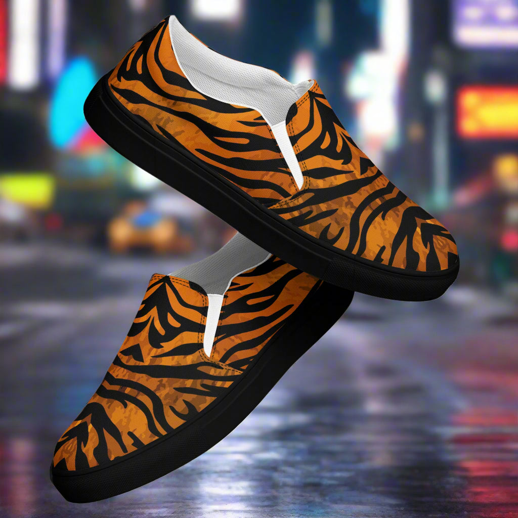 WildSage Market tiger print slip on shoes with black soles and orange black striped design