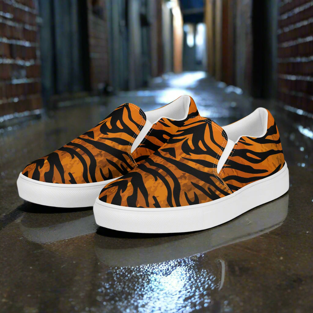 WildSage tiger print slip on shoes with bold orange and black stripes and white soles