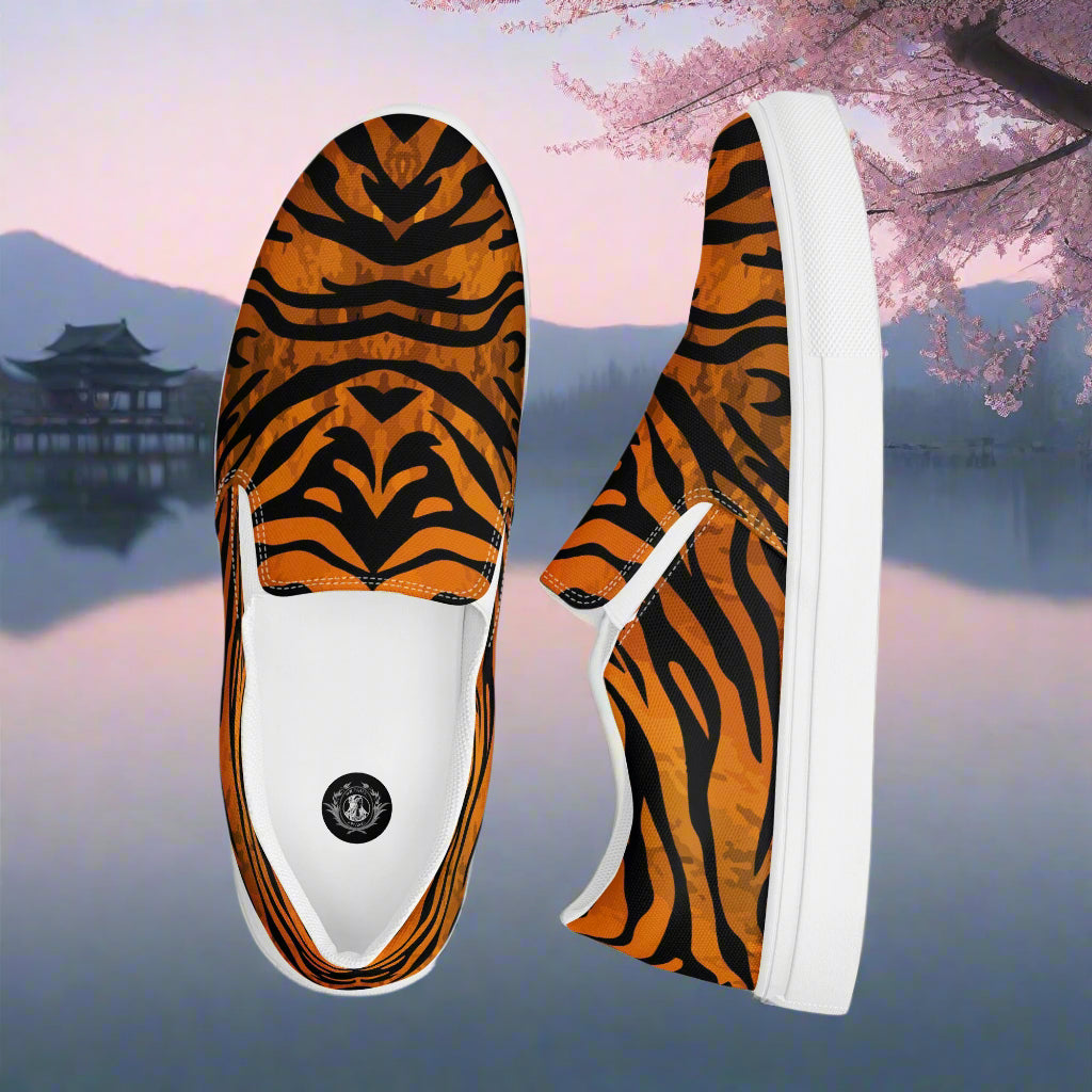 WildSage Market tiger print slip on shoes with orange and black stripes and white sole