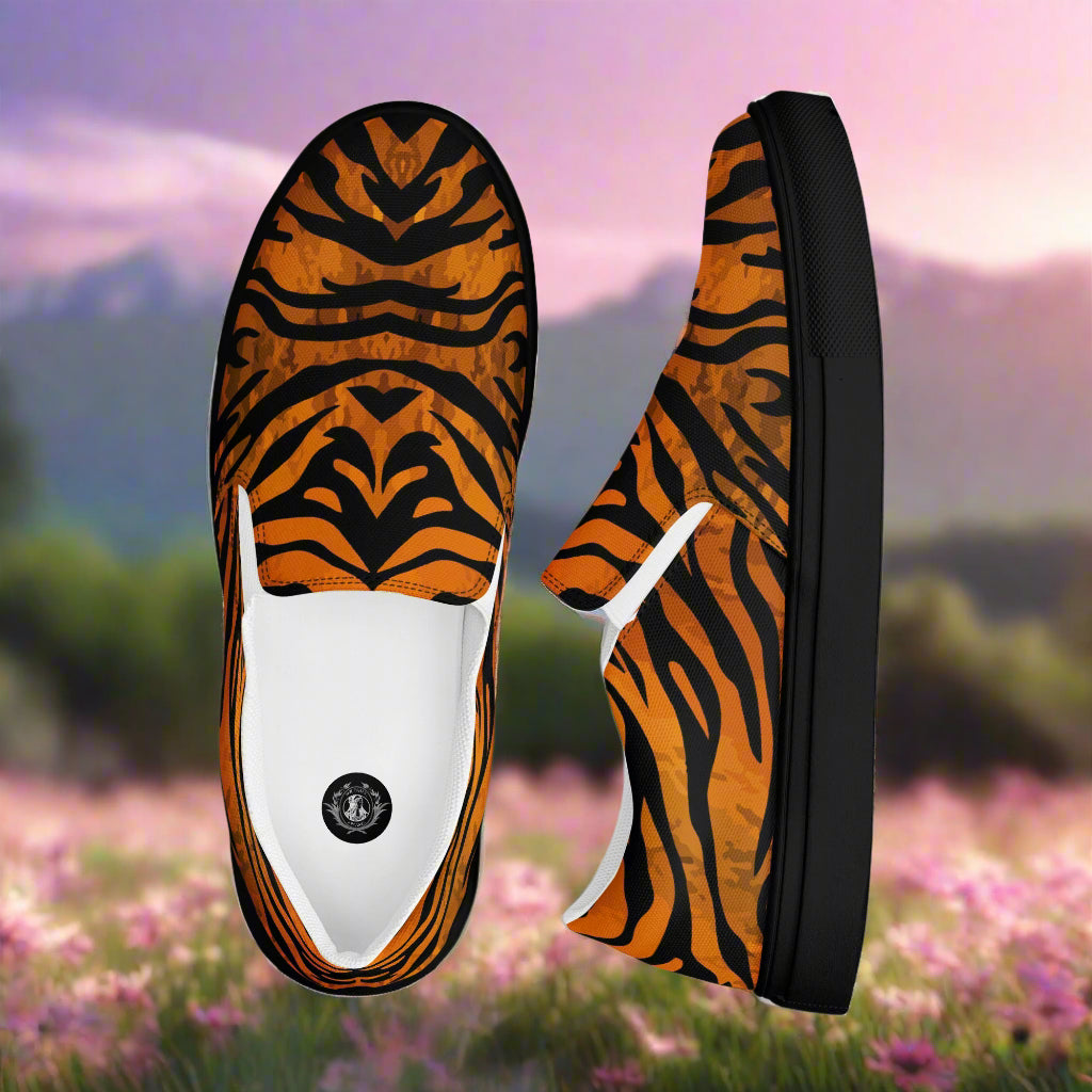 WildSage Market tiger print slip on shoes with black and orange stripes and black soles