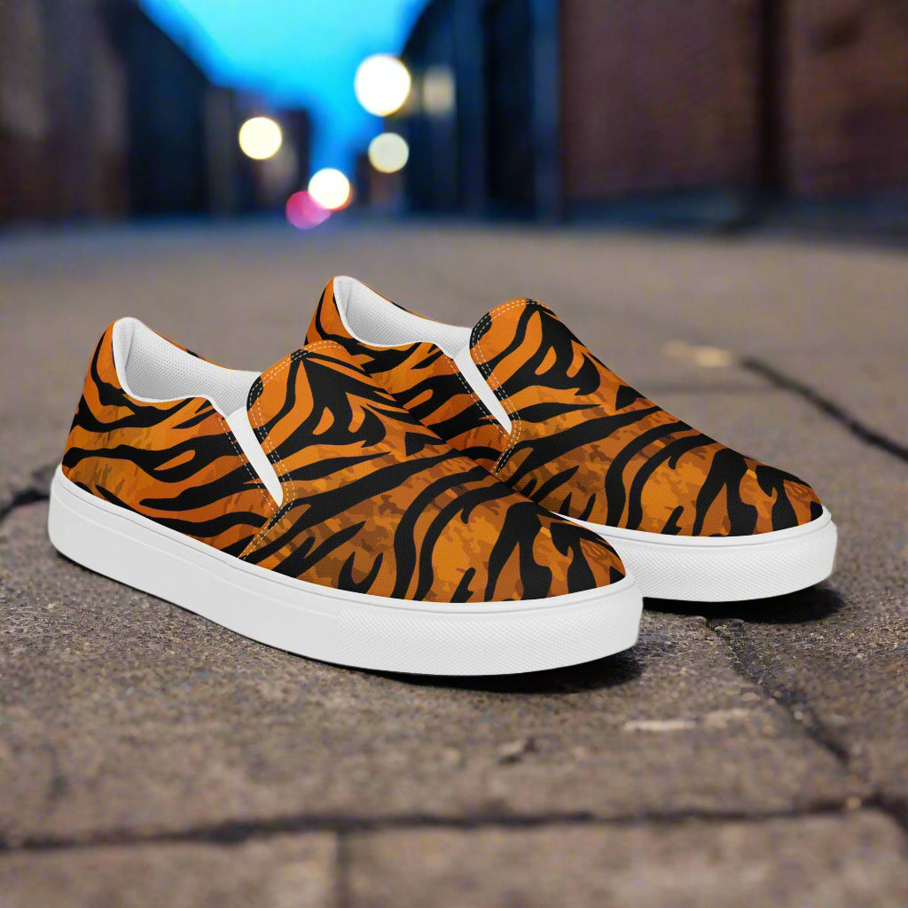 WildSage Market tiger print slip on shoes with white sole on street background
