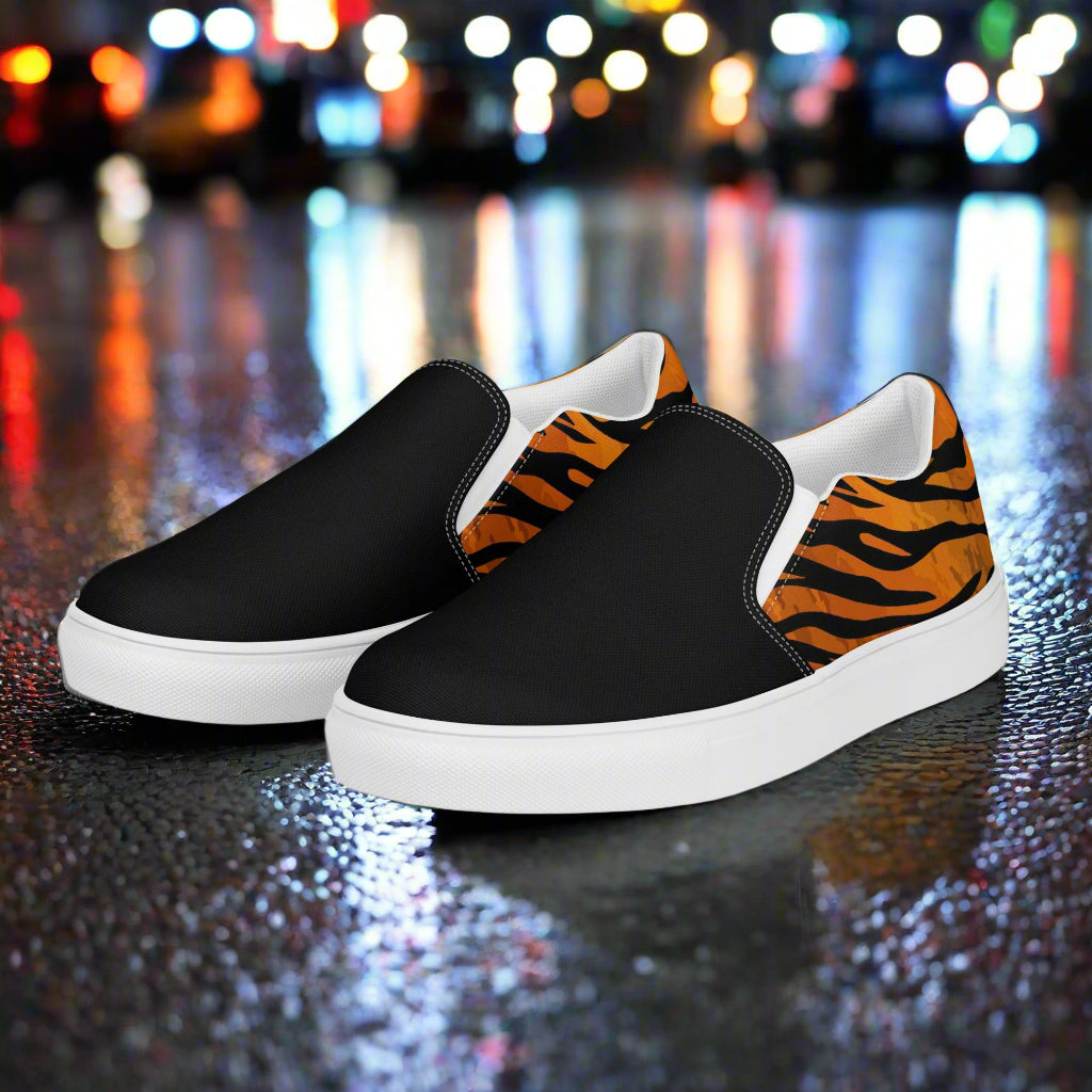 WildSage Market tiger print two tone slip on shoes with black front and animal print back
