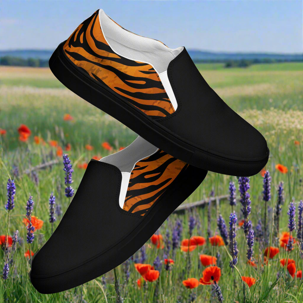 WildSage Market tiger print two tone slip on shoes with black front and tiger stripe pattern on sides