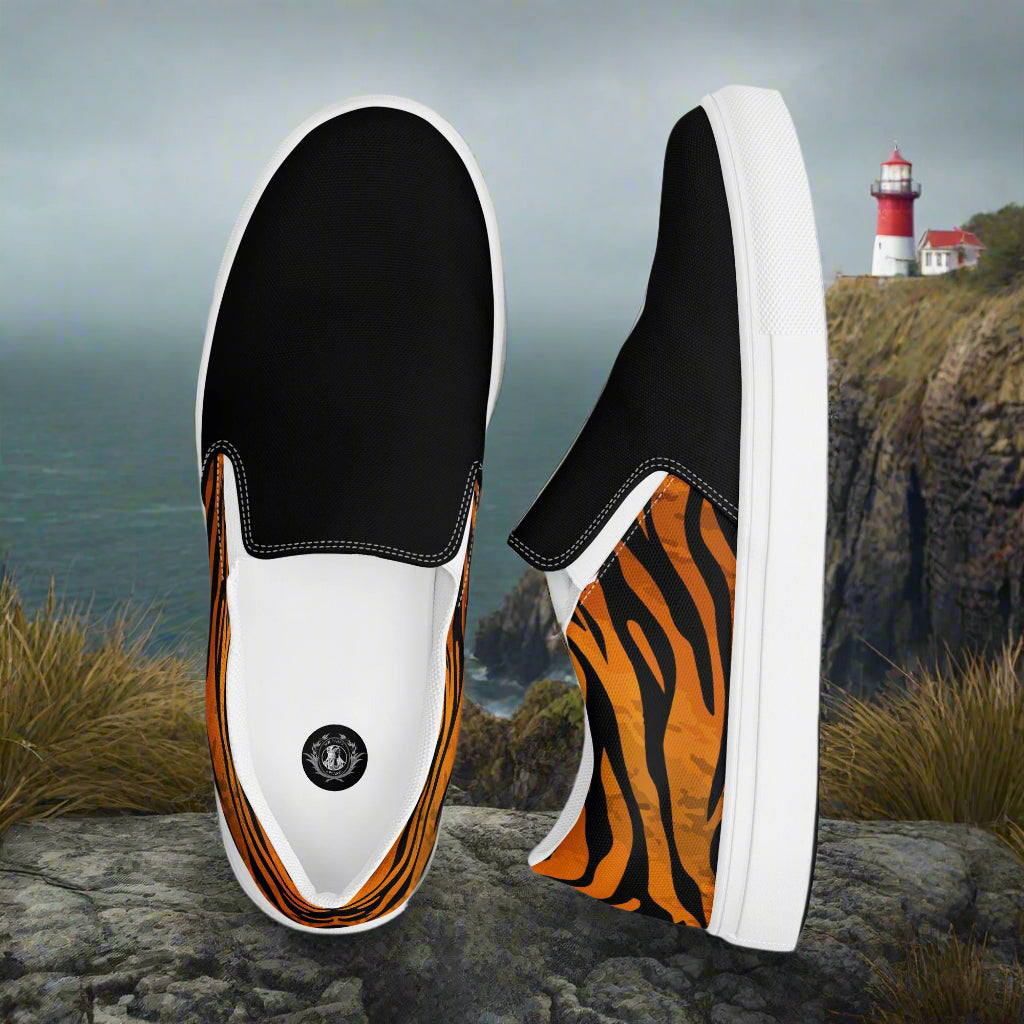 WildSage Market tiger print two tone slip on shoes with black and orange tiger stripes design