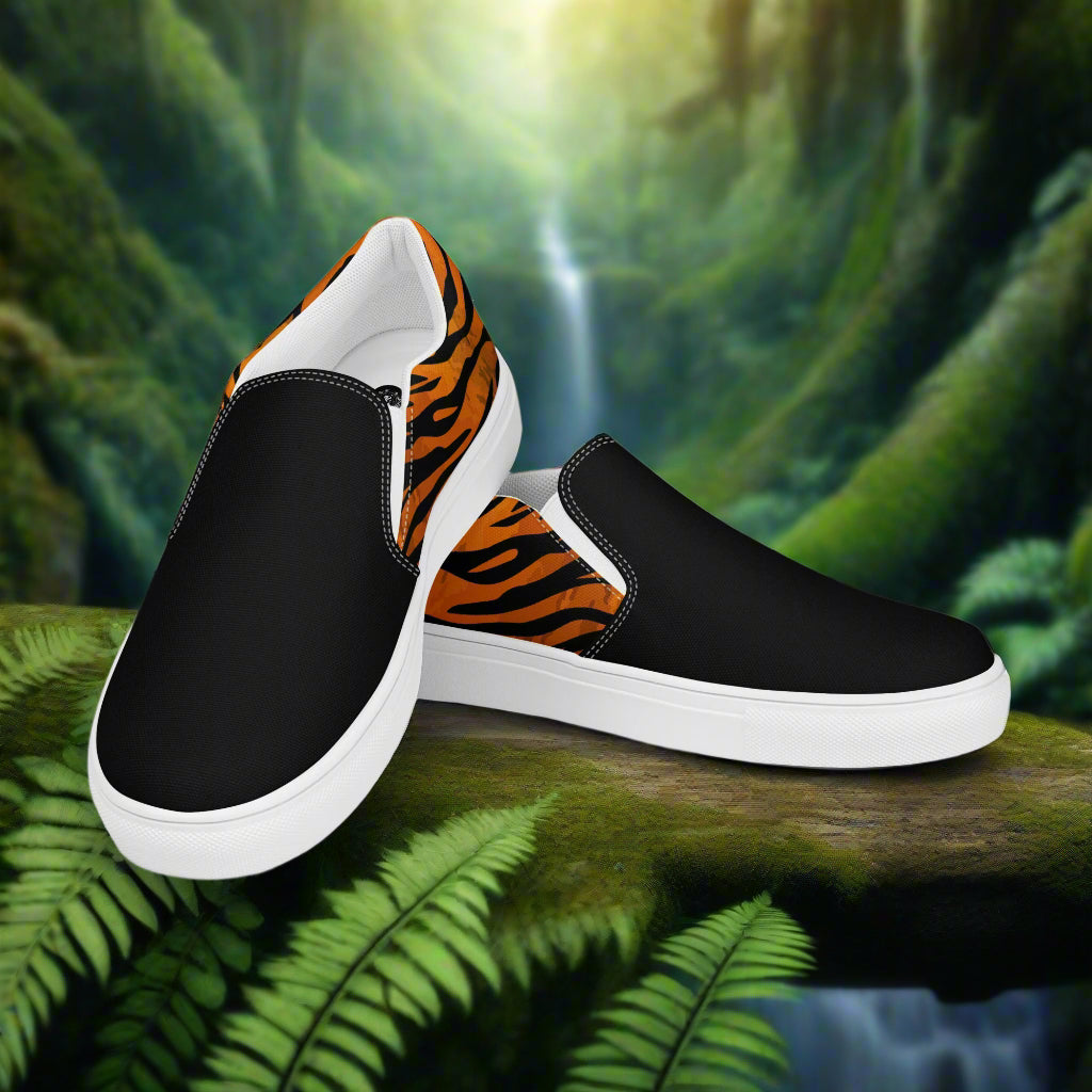WildSage Market tiger print two tone slip on shoes with black front and tiger stripe back
