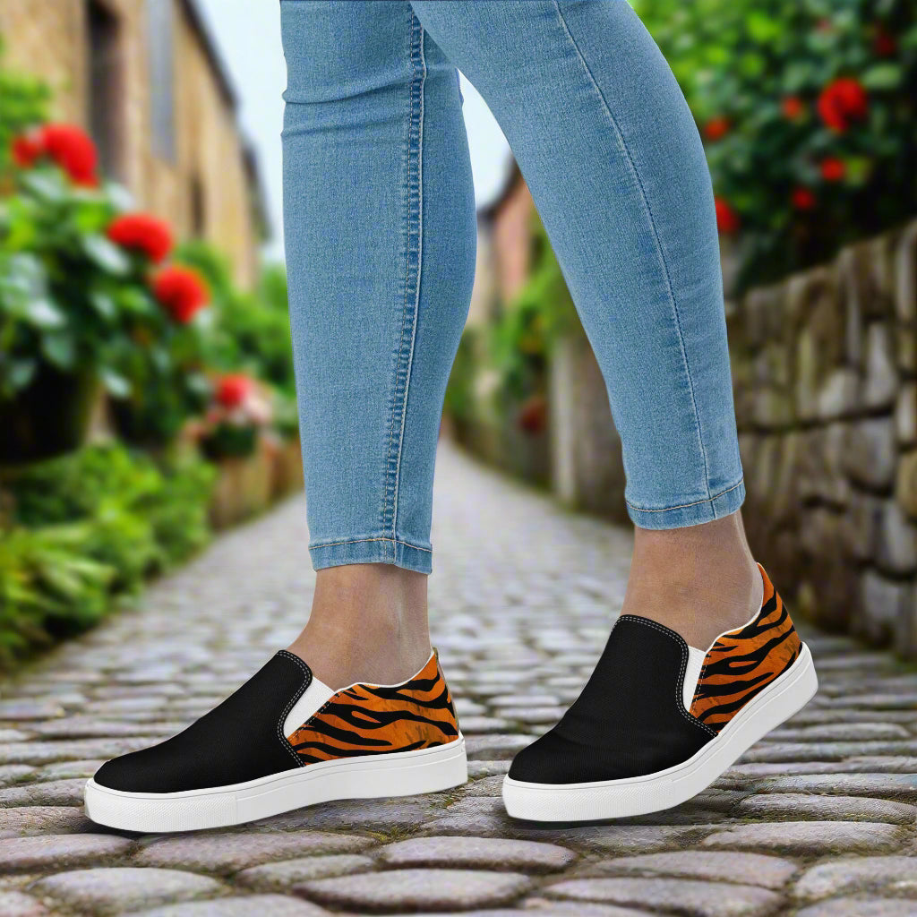 WildSage Market tiger print two tone slip on shoes with black and orange tiger pattern side panels
