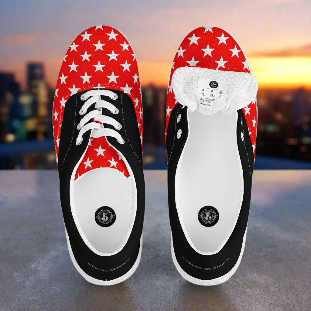 White Star Red Halftone Lace-up Canvas Shoes by WildSage Market with black and red star pattern