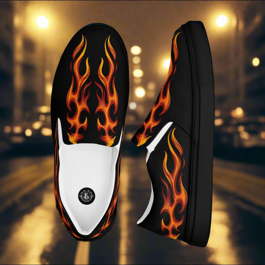 WildSage Market tribal flame design canvas slip-ons with vibrant flame graphics for casual wear