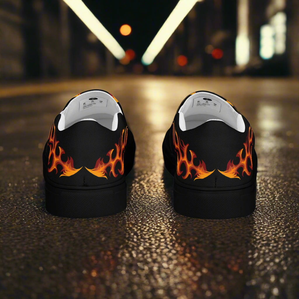 WildSage Market tribal flame design canvas slip-ons with vibrant flame patterns for stylish casual wear