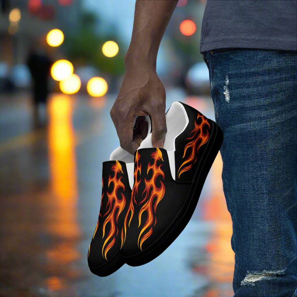 Tribal flame design canvas slip-ons for men, ideal for casual outings and urban style.