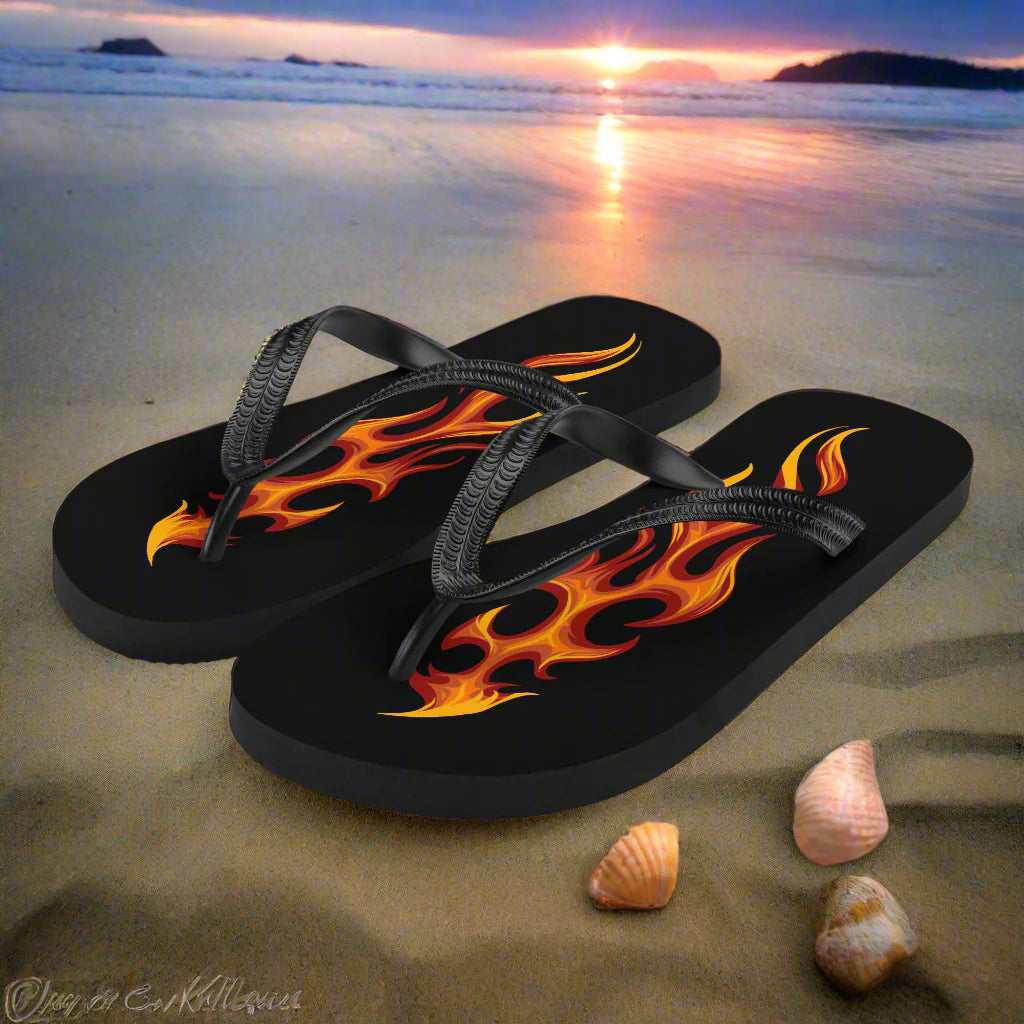 Tribal flame flip-flops with vibrant flame design on a beach background for stylish summer wear