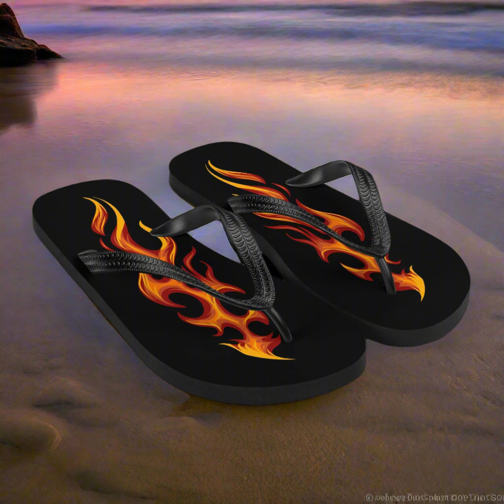 Tribal flame flip-flops by WildSage Market featuring a bold flame design on a black background