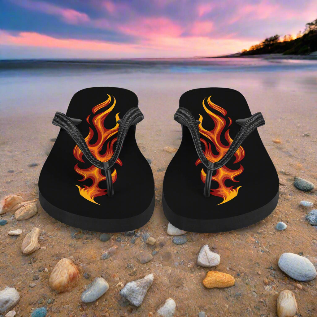 Tribal flame flip-flops with bold flame design ideal for beachwear and summer outings