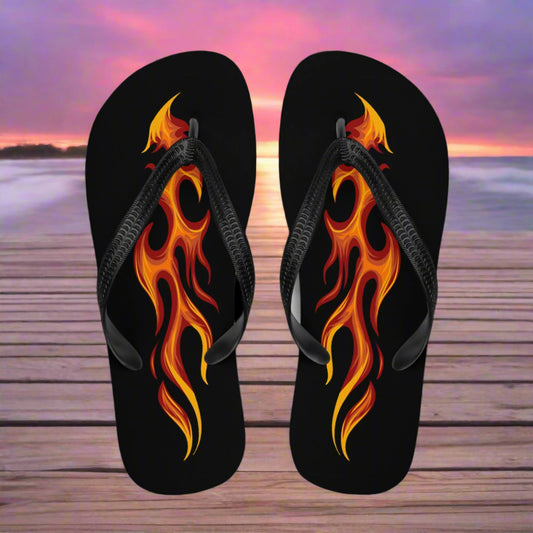 WildSage Market tribal flame flip-flops featuring a vibrant flame design in black and orange