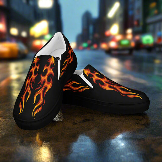 Tribal flame slip on canvas shoes in black with vibrant flame design for casual wear