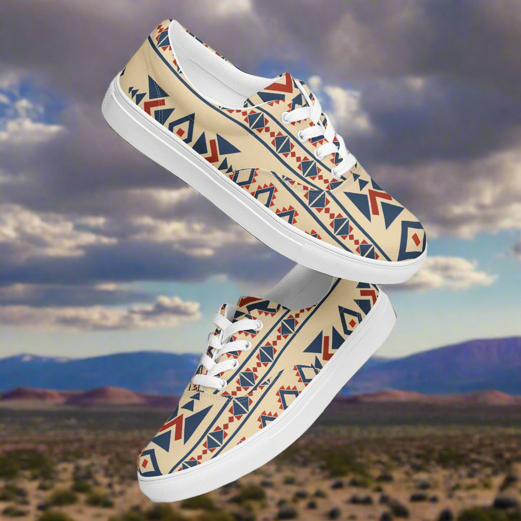 WildSage Market Custom Lace-up Canvas Shoes beige southwestern geometric print low top with white soles