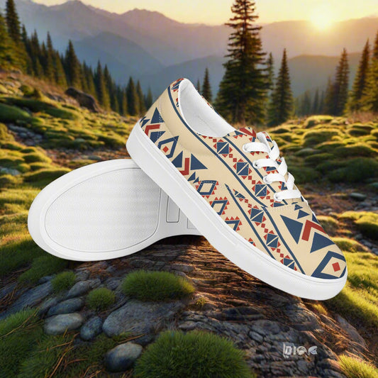 Custom Lace-up Canvas Shoes by WildSage Market tribal geometric beige navy red pattern on an outdoor trail