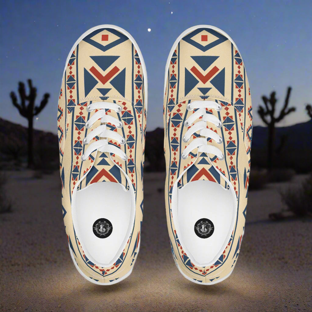 Custom Lace-up Canvas Shoes WildSage Market beige southwestern geometric pattern top view in desert setting