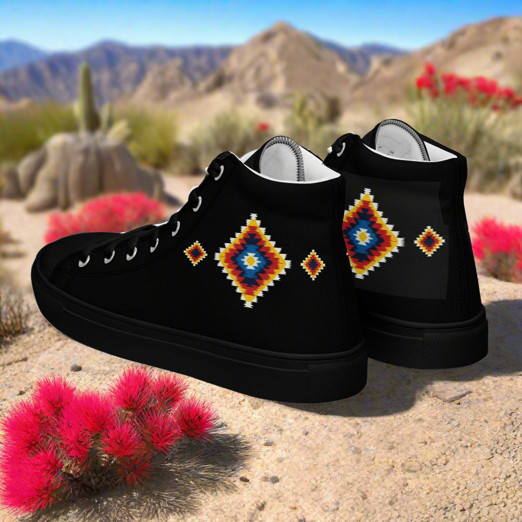 WildSage Market High Top Canvas Shoes black high top sneakers with Southwestern diamond pattern in desert scene