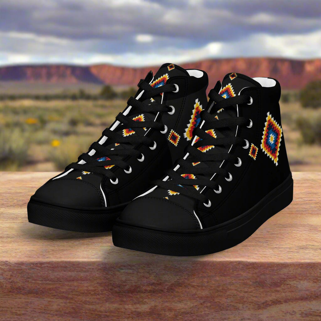 WildSage Market High Top Canvas Shoes black lace up sneakers with colorful southwestern embroidery and rubber sole