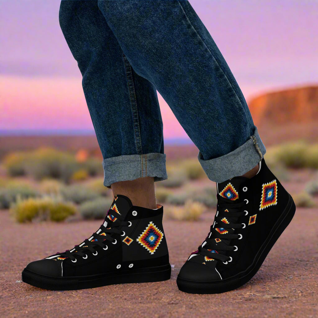 WildSage Market black High Top Canvas Shoes with colorful Southwestern diamond embroidery and rubber sole