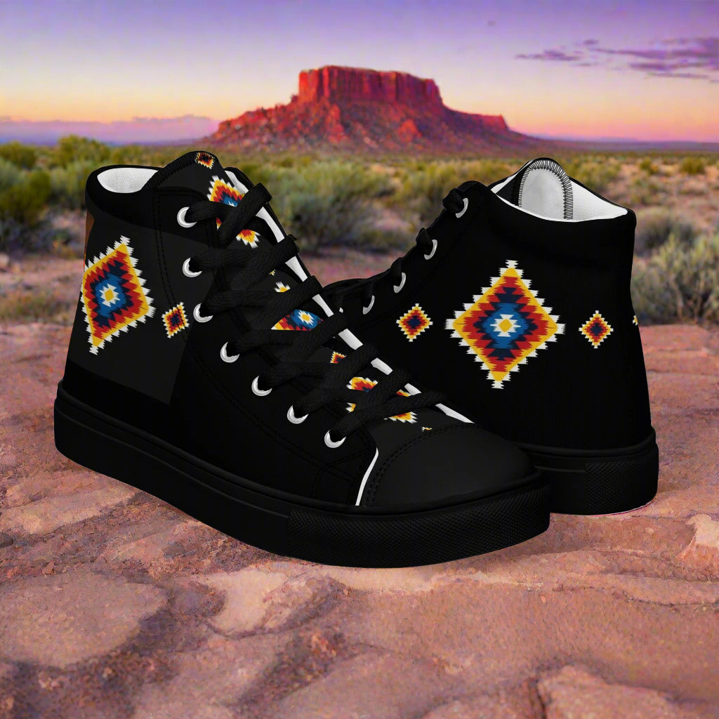 WildSage Market black High Top Canvas Shoes with colorful southwestern diamond pattern on desert background