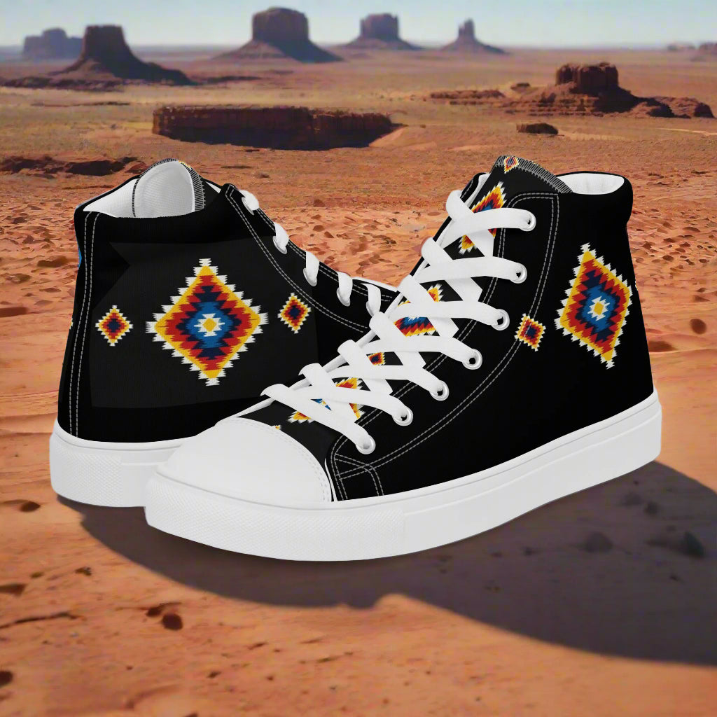 WildSage Market High Top Canvas Shoes black with colorful Southwestern diamond pattern white sole and laces