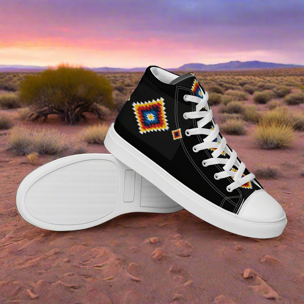 WildSage Market High Top Canvas Shoes black with colorful southwestern geometric embroidery white sole and laces