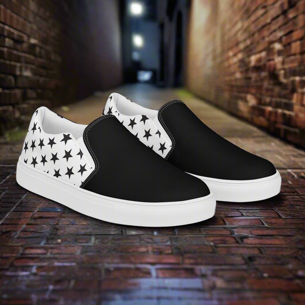 Two Tone Slip-On Canvas Shoes Black Star with black front and white star pattern back by WildSage Market