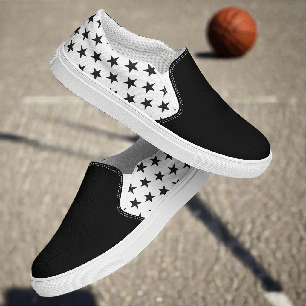 Two Tone Slip-On Canvas Shoes Black Star with white sole and black star pattern on sides