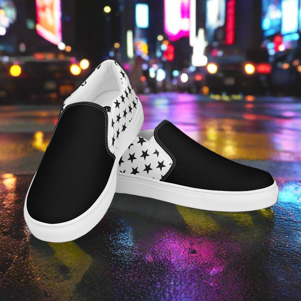 Two Tone Slip-On Canvas Shoes Black Star with black front and white heel featuring black stars by WildSage Market