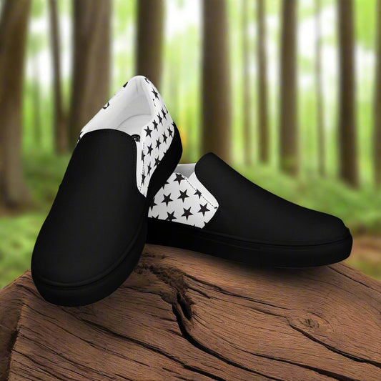 WildSage Market Two Tone Slip-On Canvas Shoes Black Star with black and white star pattern on back and black front