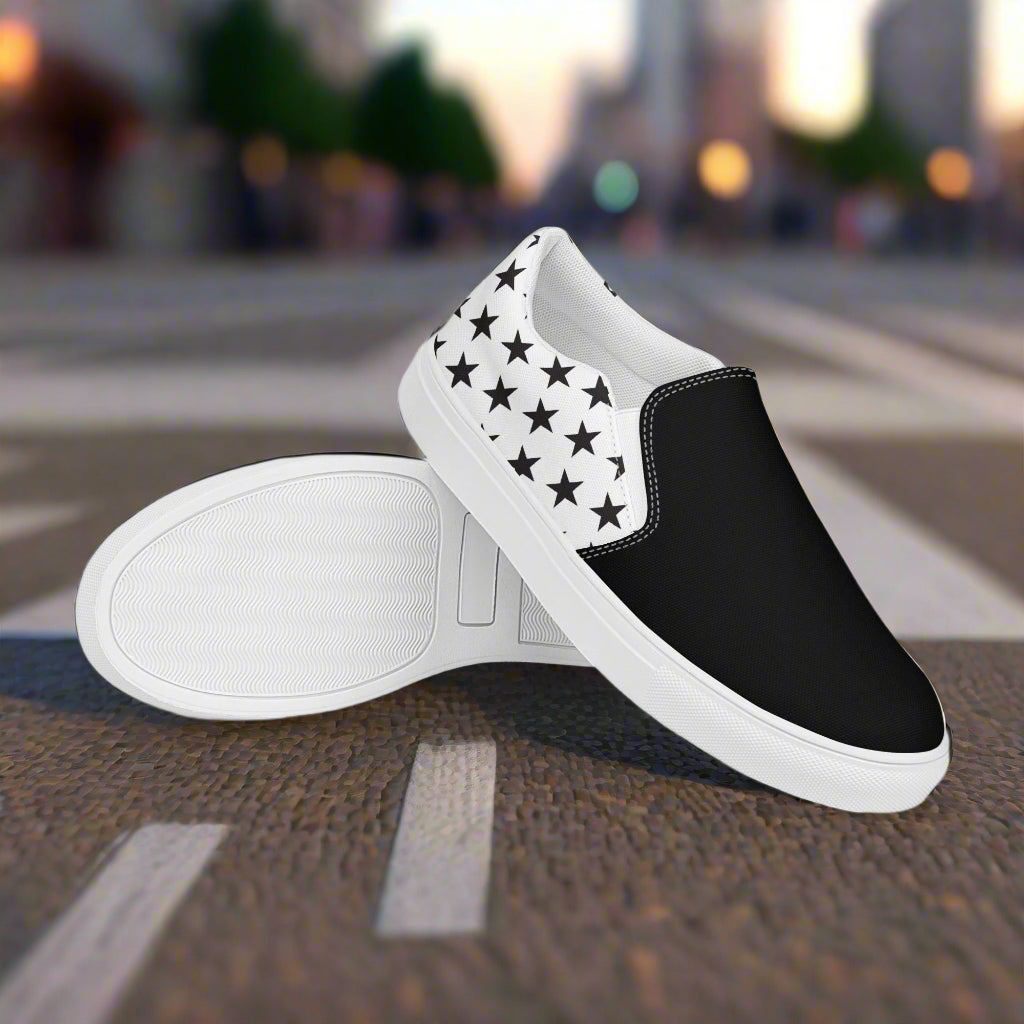 Two Tone Slip-On Canvas Shoes Black Star with black front and white back featuring black stars by WildSage Market