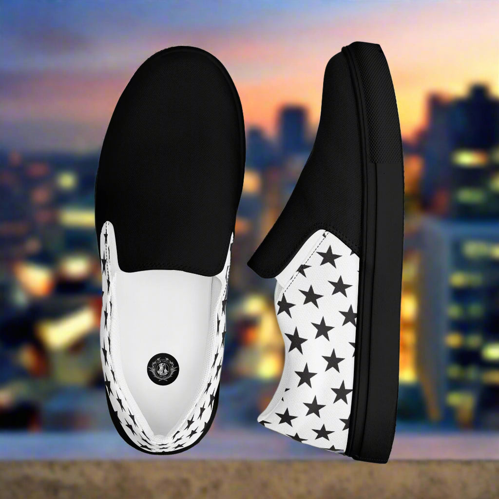 WildSage Market Two Tone Slip-On Canvas Shoes Black Star with black front and white star pattern sides